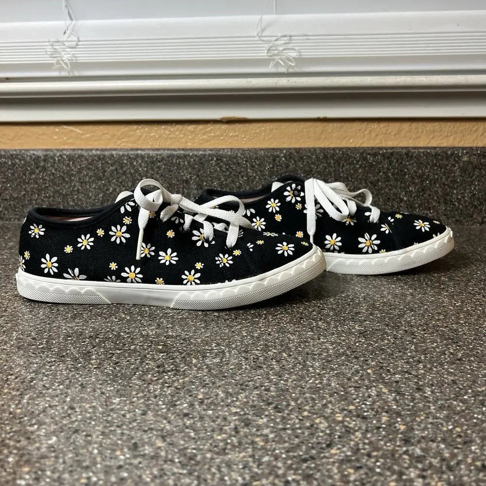 kate spade new york Sneaker Floral Daisies Canvas Black Women Sz 7.5 Lace Up Low